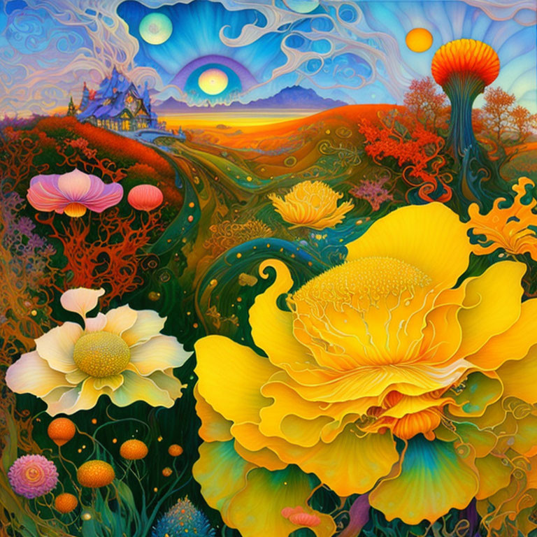 Colorful fantasy landscape with oversized flowers, rolling hills, castle, and multiple moons.