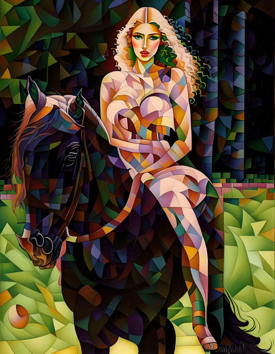 Cubist-style artwork: Woman with blonde hair on brown horse