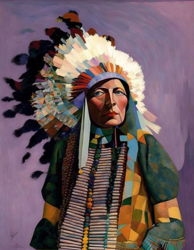 Vibrant Native American profile with headdress and beads