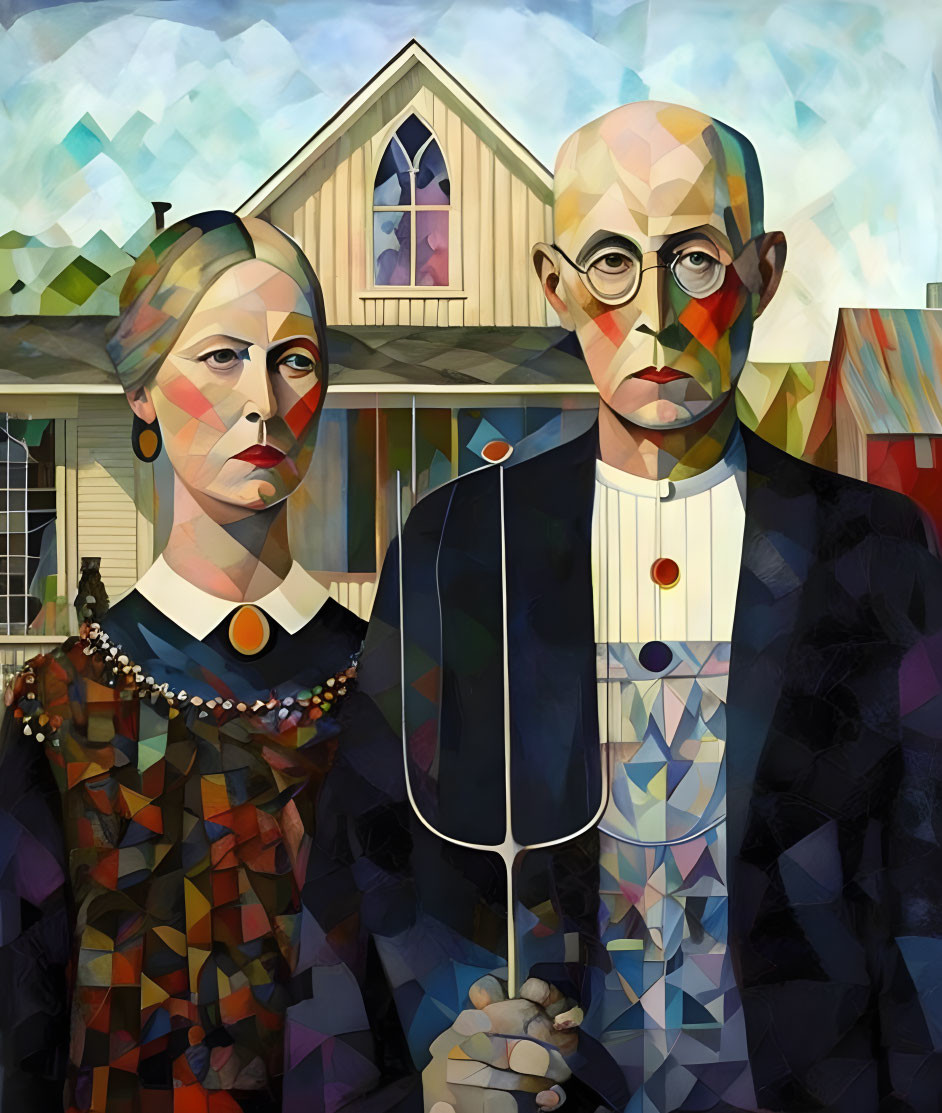 Cubist reinterpretation of American Gothic with geometric figures