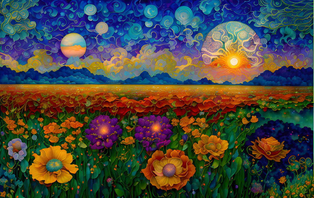 Colorful Landscape with Diverse Flowers and Whimsical Sky