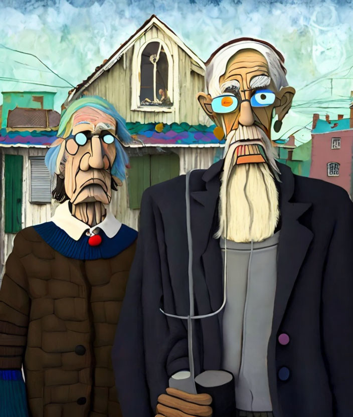 Stylized elderly male figures in front of house with religious icon