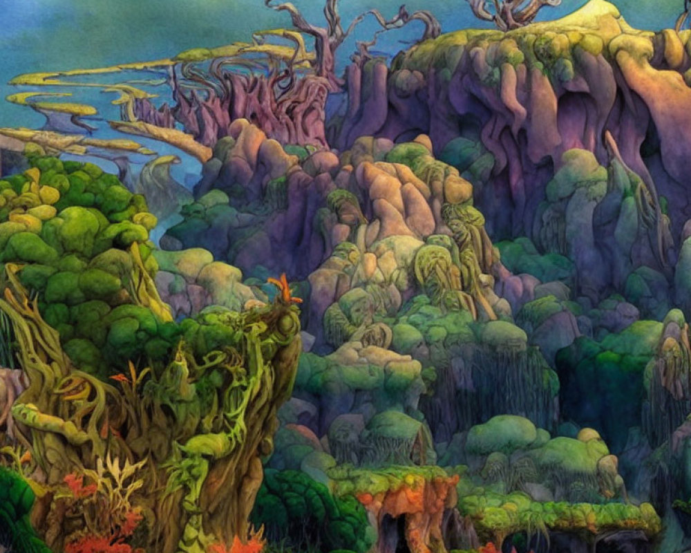 Colorful Landscape Painting with Stylized Trees and Rock Formations