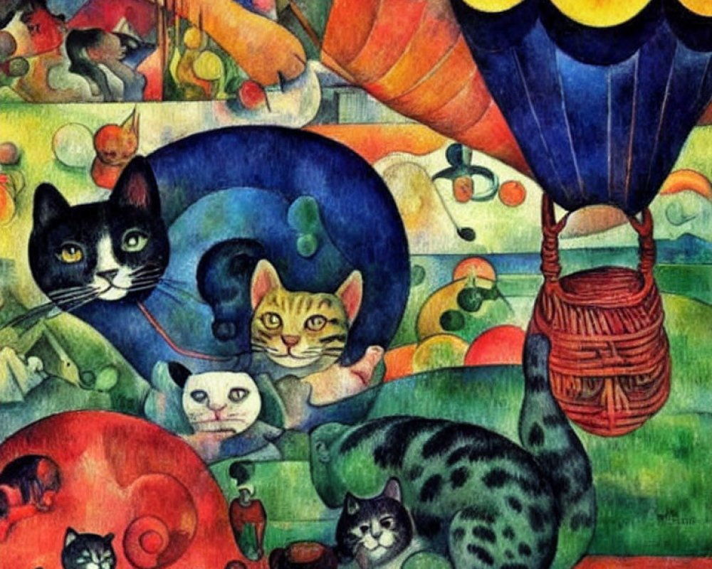 Whimsical cats in colorful painting with hot air balloon