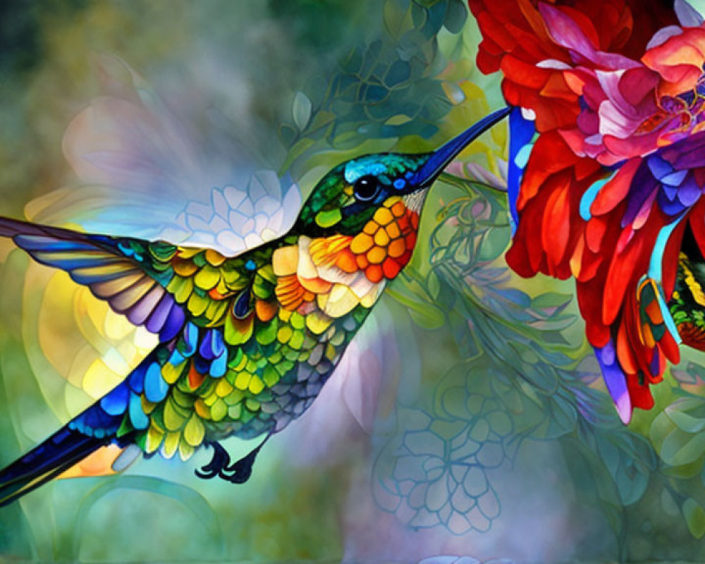 Colorful Stylized Image of Two Hummingbirds and Flower