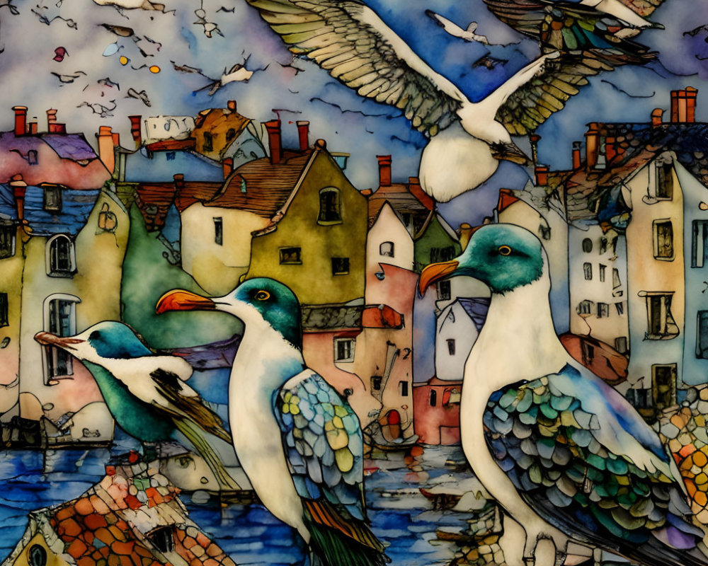 Vibrant illustration of seabirds and coastal houses under dreamy sky