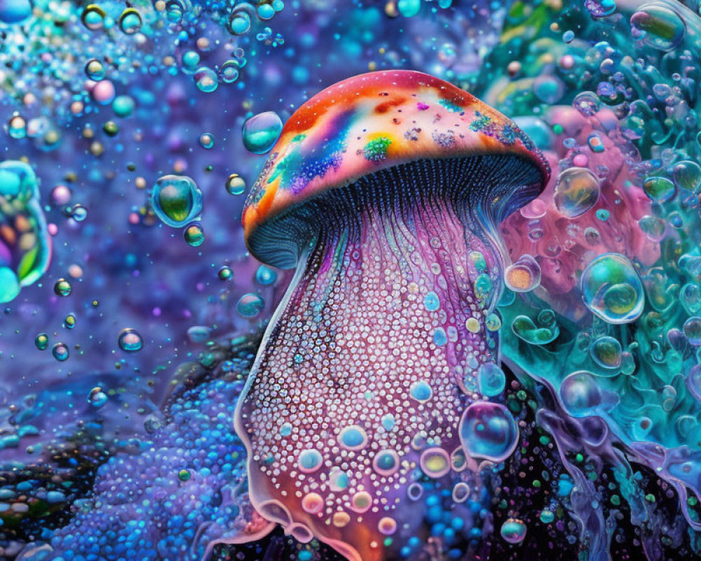 Colorful Digital Art: Jellyfish in Neon Spectrum Amid Psychedelic Bubbles