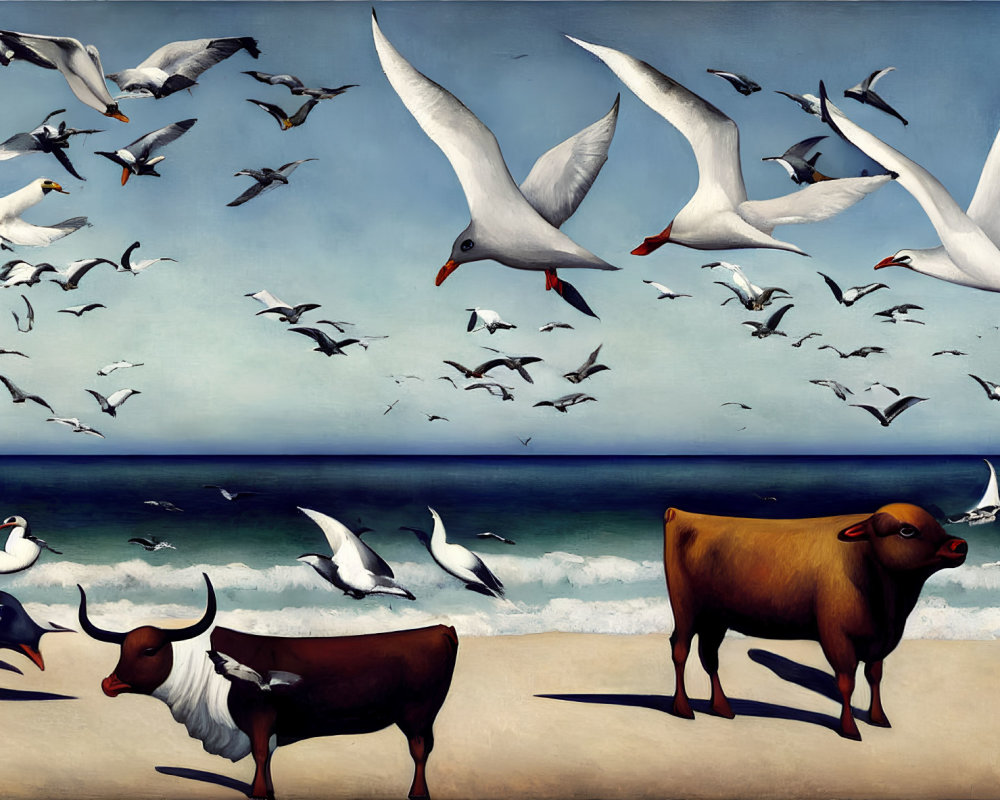 Surreal painting of cows and seagulls on a beachfront