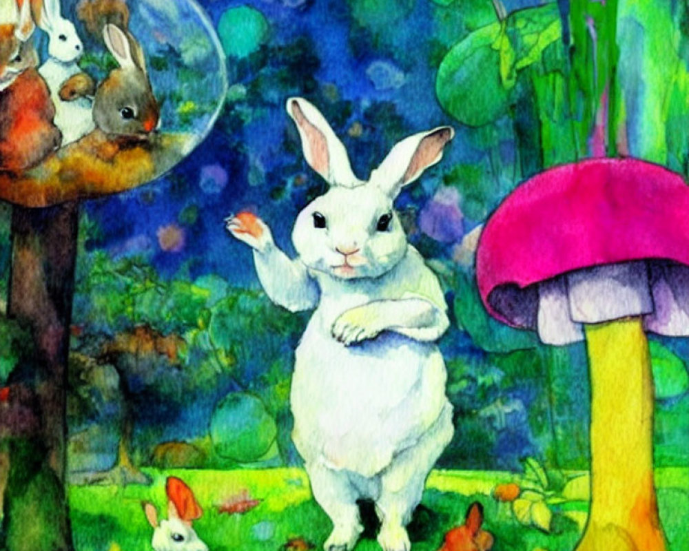 Whimsical watercolor of rabbits in a forest with mushrooms and fishbowl