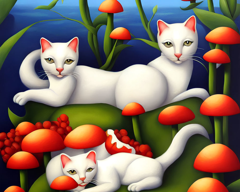 Stylized white cats with striking eyes among orange flowers and red berries on blue background