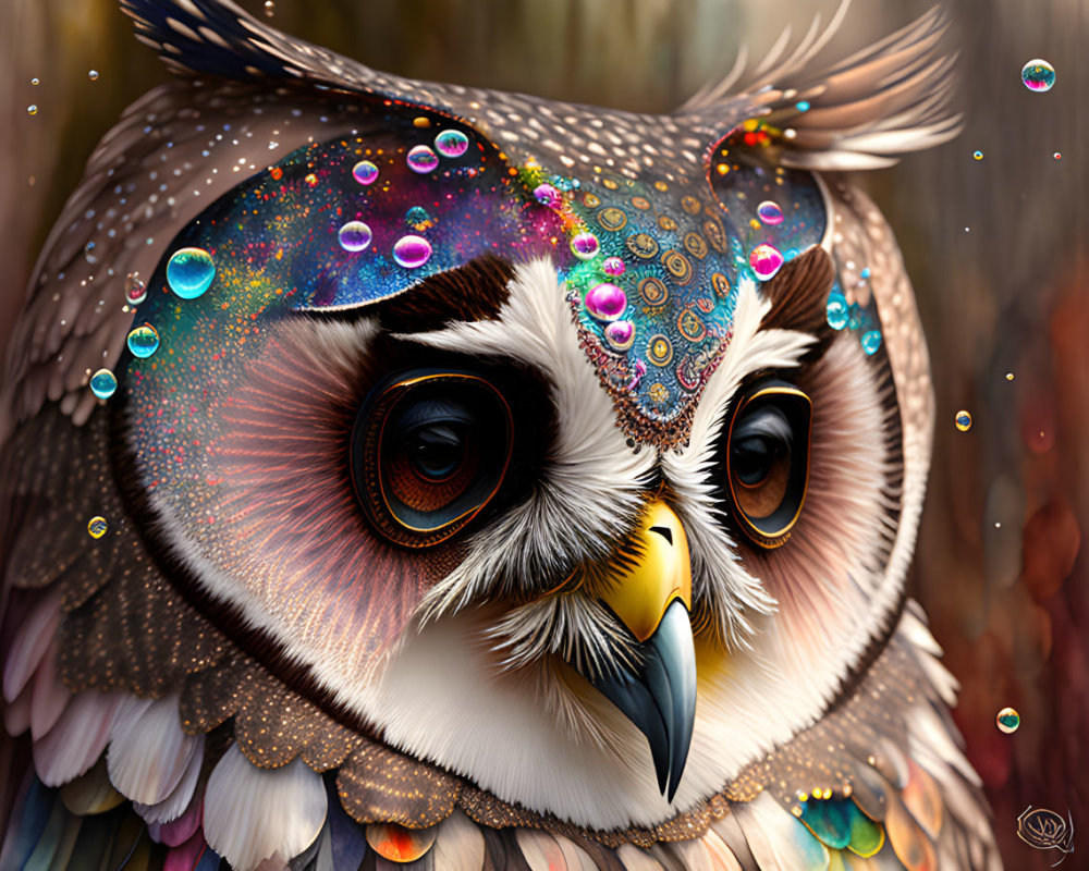 Vibrant digital artwork: Colorful owl with sparkling feathers and bubbles