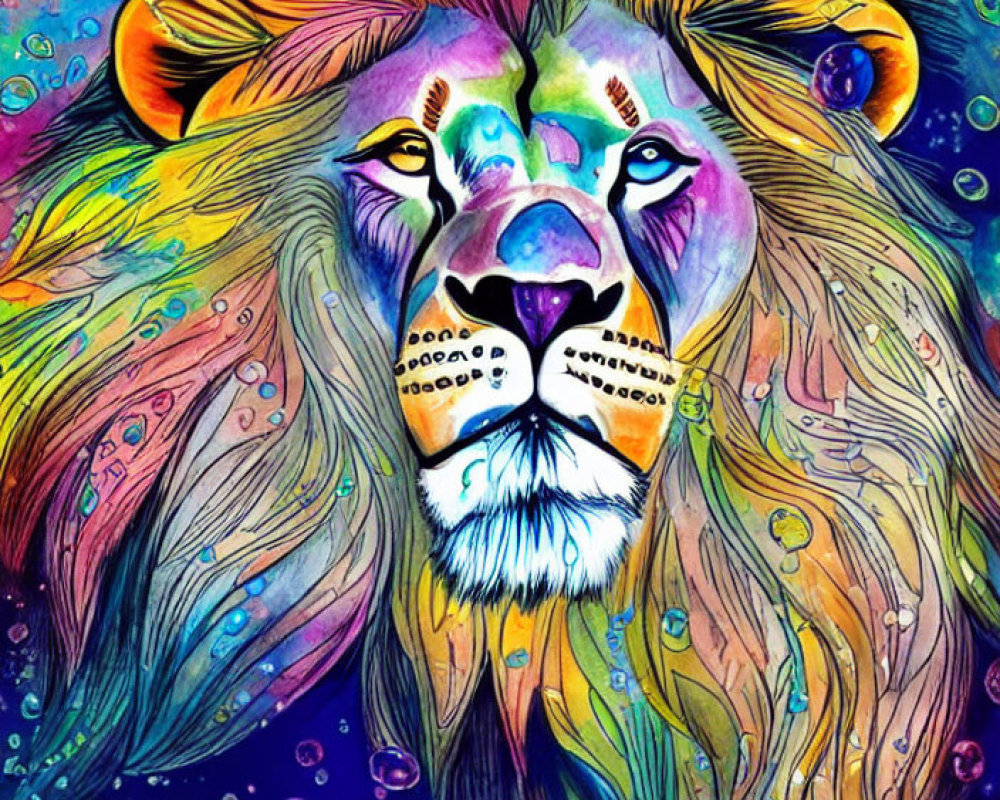 Colorful Lion Face Artwork with Psychedelic Background