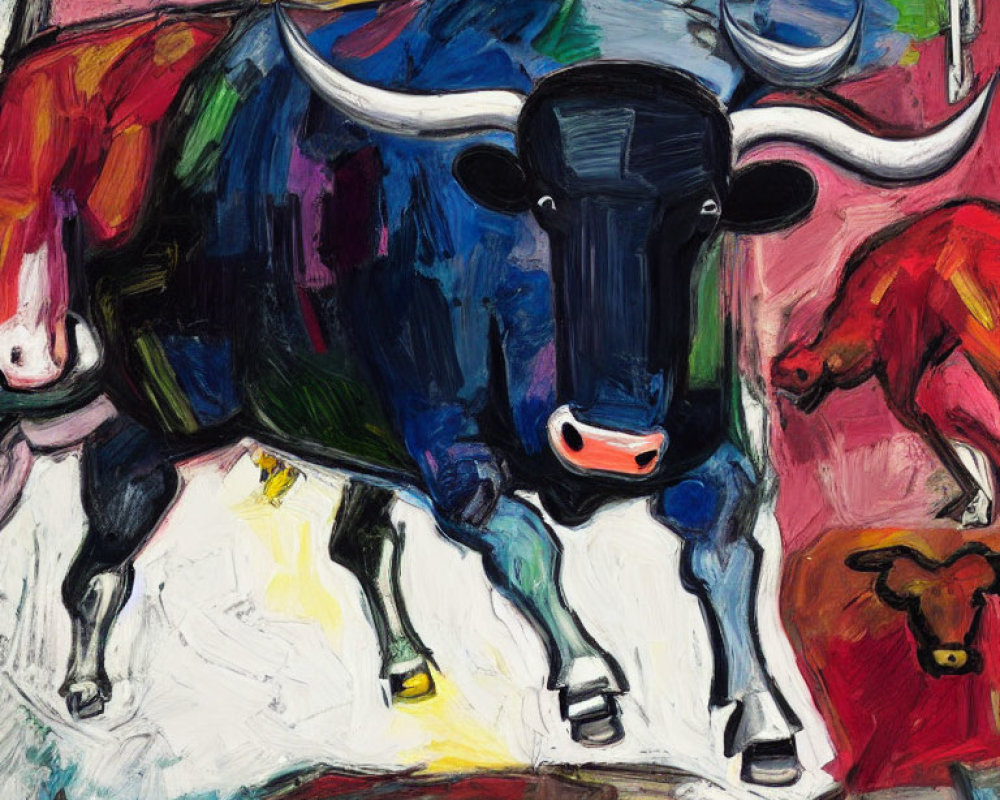 Vibrant abstract bull painting in red, blue, white, and yellow