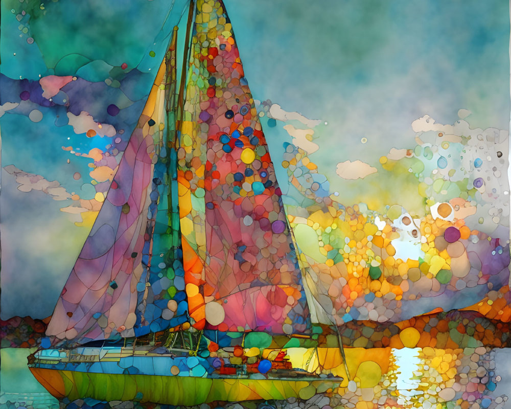 Vibrant Abstract Watercolor Painting of Sailing Boat on Mosaic Sea