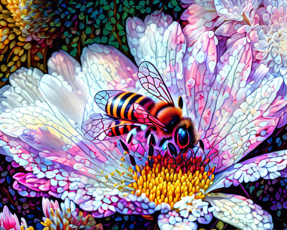 Colorful digital artwork: Bee pollinating vibrant, detailed flowers