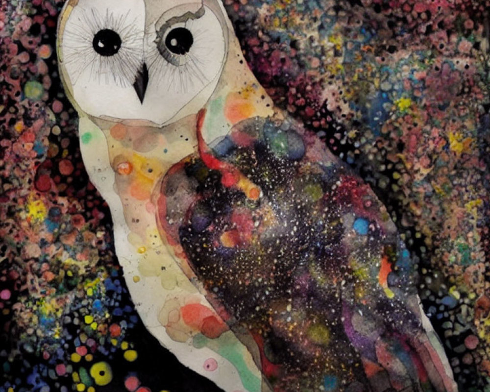 Stylized owl watercolor painting with large eyes on multicolored background