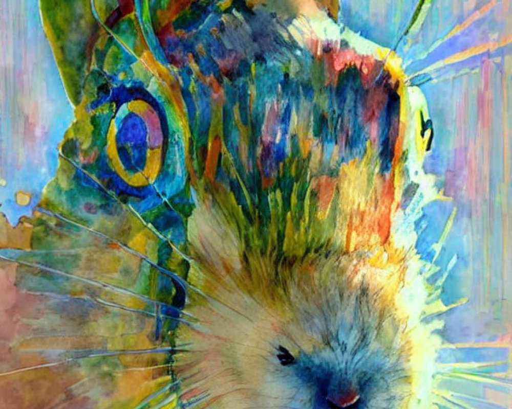 Colorful Watercolor Painting of Rabbit with Abstract Background