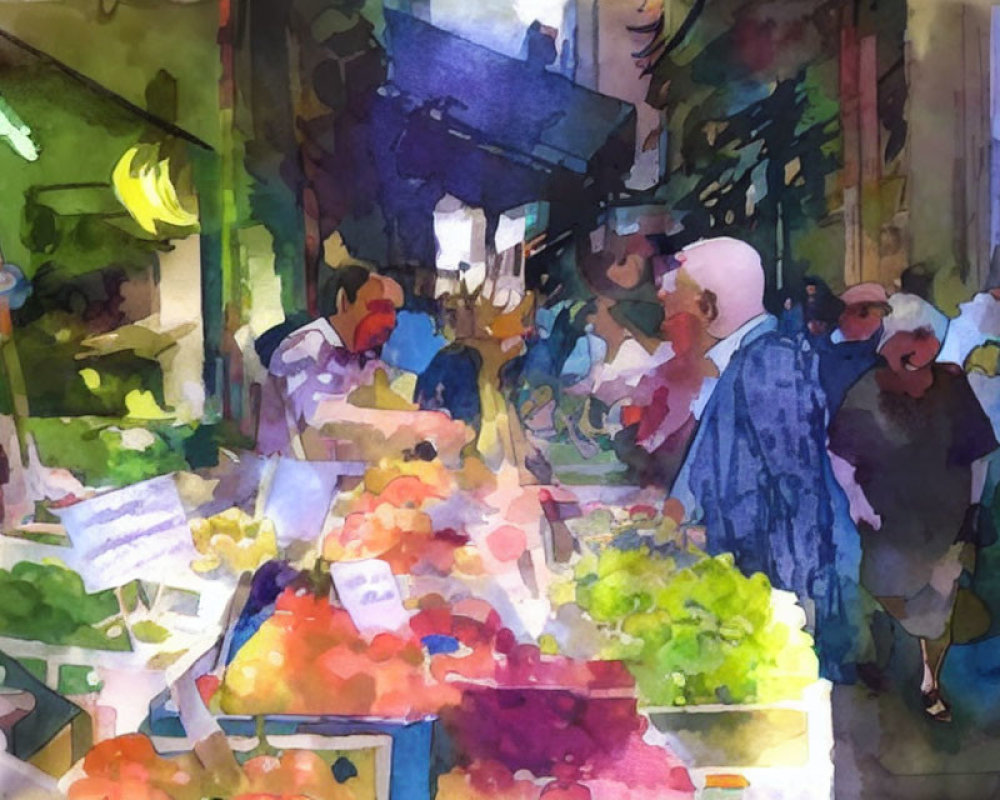 Vibrant watercolor painting of a bustling market scene