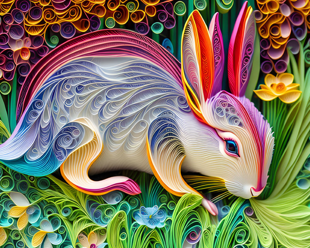 Colorful Rabbit Artwork with Floral and Abstract Background