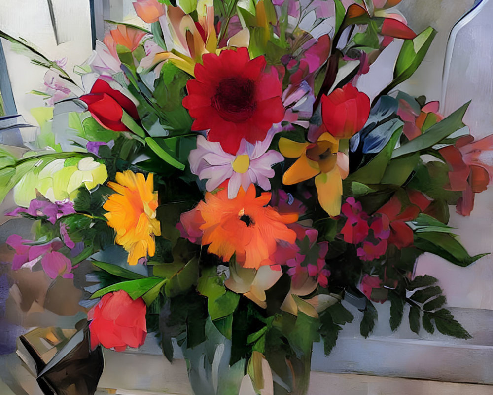 Colorful Mixed Flower Bouquet in Glass Vase on Blurred Background