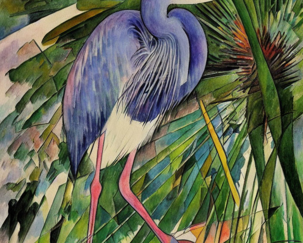 Vibrant painting of blue heron in green foliage with cubist background