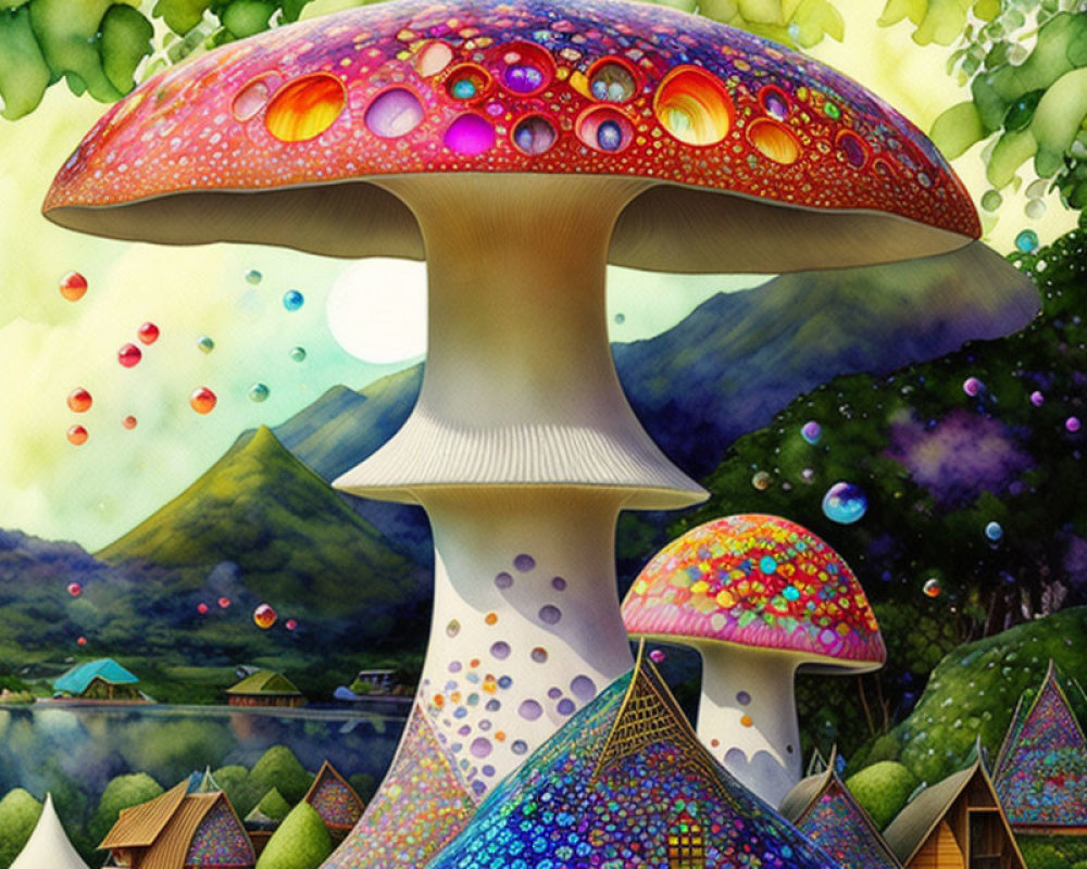 Vibrant oversized mushrooms in whimsical illustration