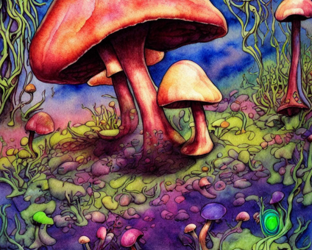 Colorful whimsical illustration of oversized mushrooms in a fantasy forest with glowing object