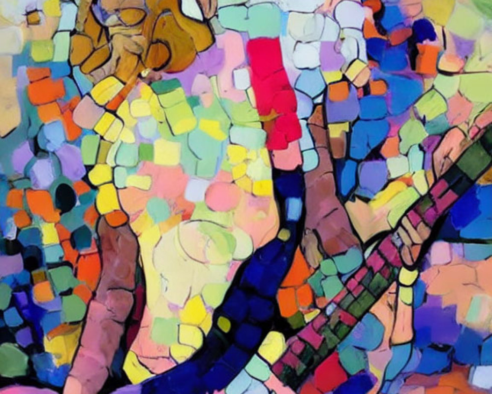 Colorful Abstract Painting of Person with Guitar in Mosaic Style