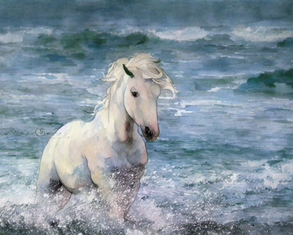 White horse watercolor painting wading in blue waves