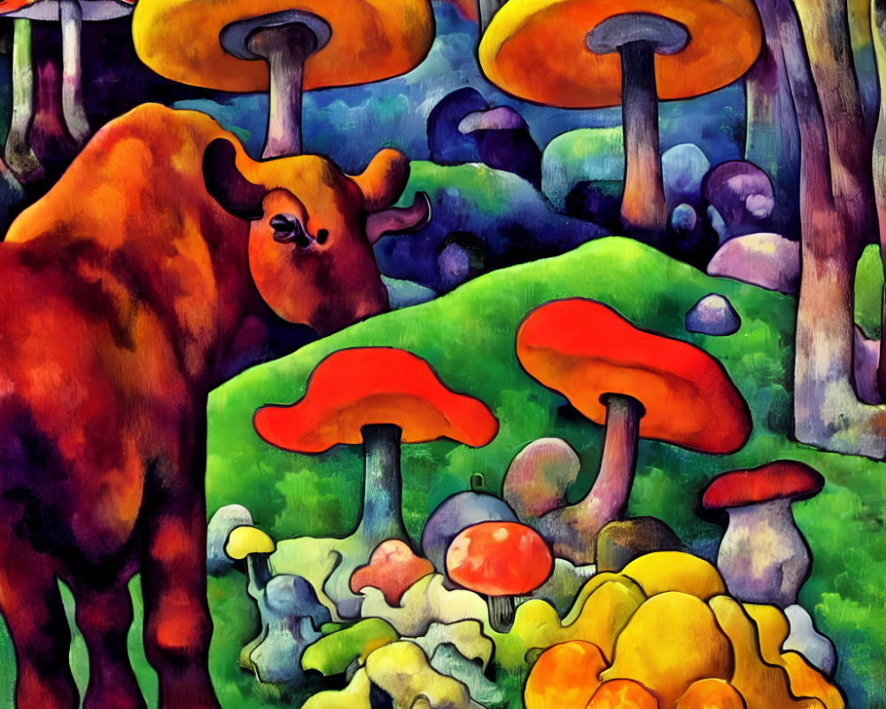 Colorful painting: Moose with oversized mushrooms in whimsical forest