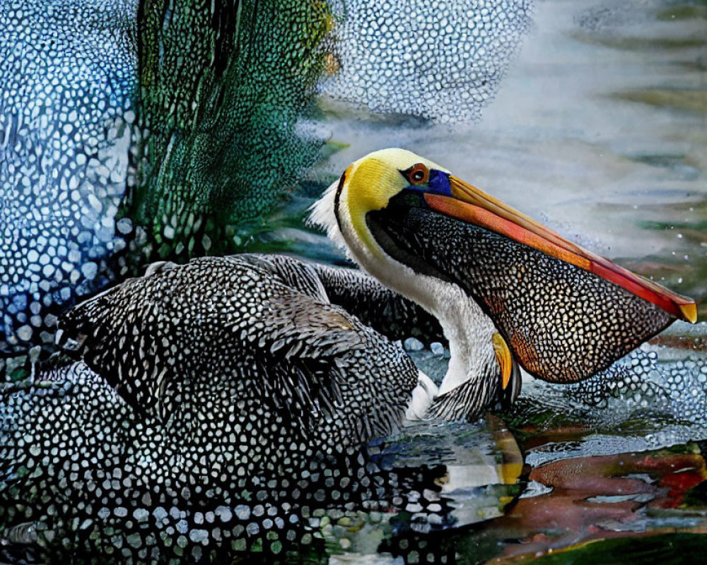 Vivid Yellow Head Pelican Blending in Speckled Foliage