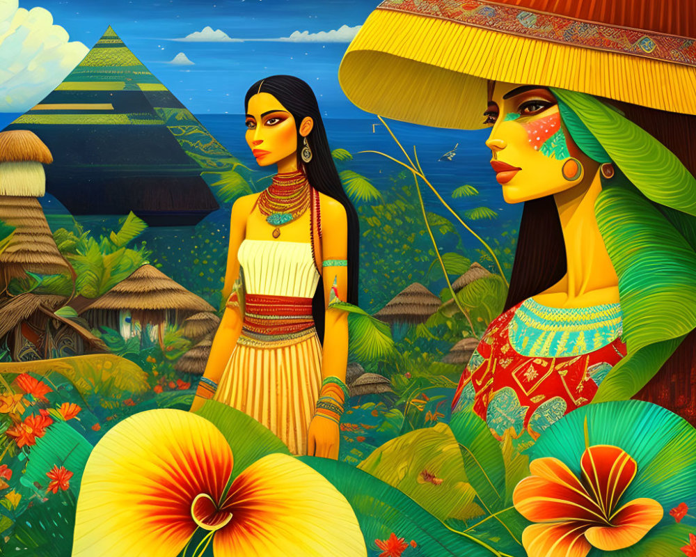 Illustration of two women in traditional attire with pyramids, village, zeppelin, and lush foliage