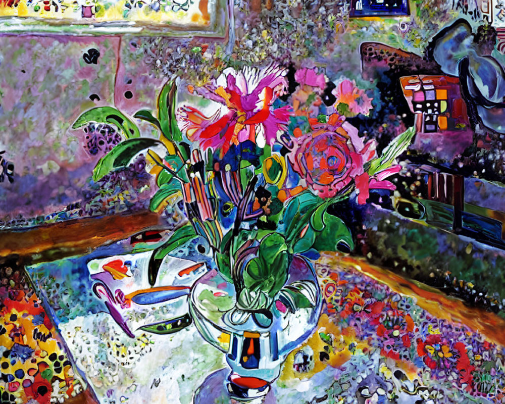 Colorful Expressionist Painting of Flowers in Vase in Decorated Room