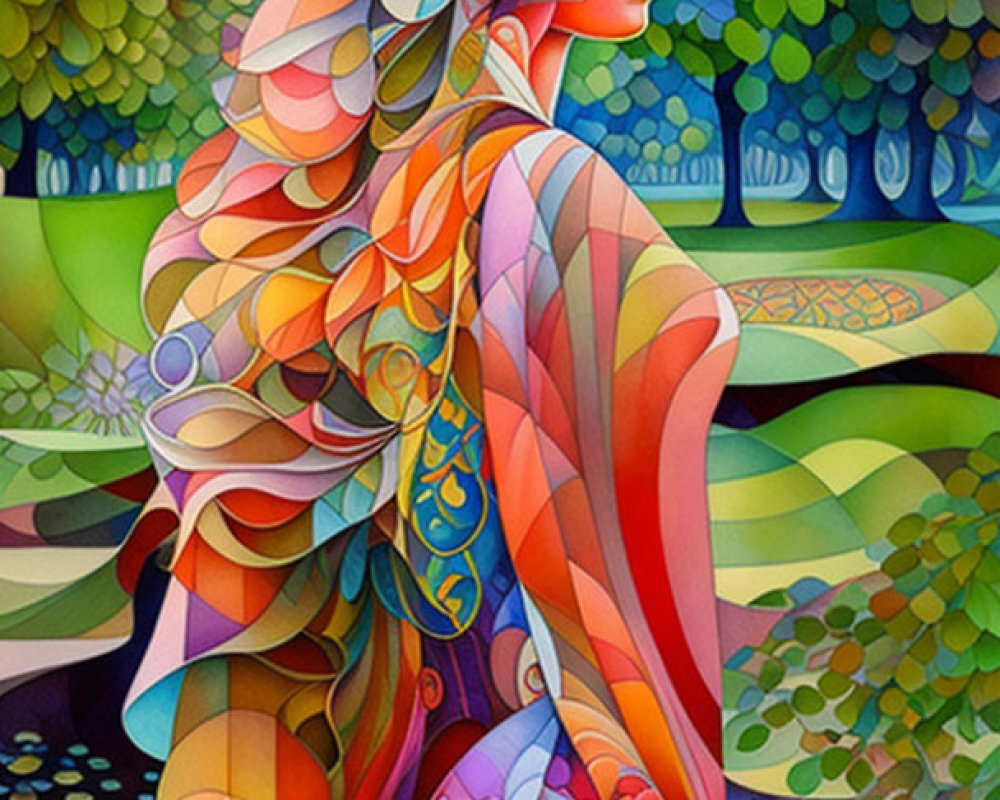 Colorful Stylized Woman in Flowing Cloak Blends with Mosaic Forest Background