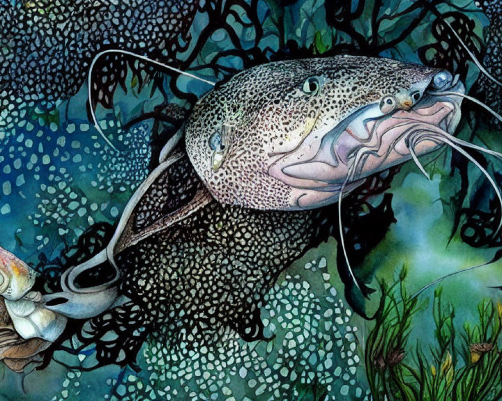 Detailed Underwater Scene with Large Speckled Catfish and Surprised Fish