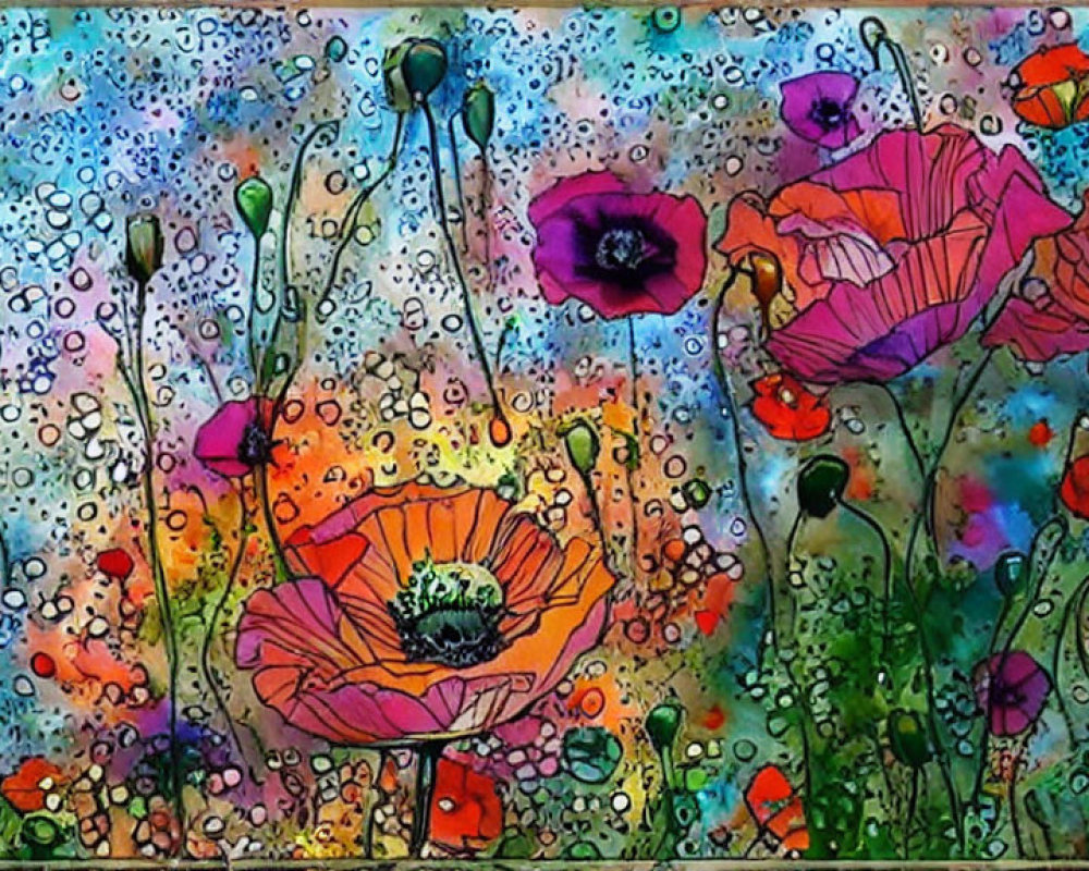 Colorful watercolor painting of poppies on speckled backdrop in blue, purple, and green