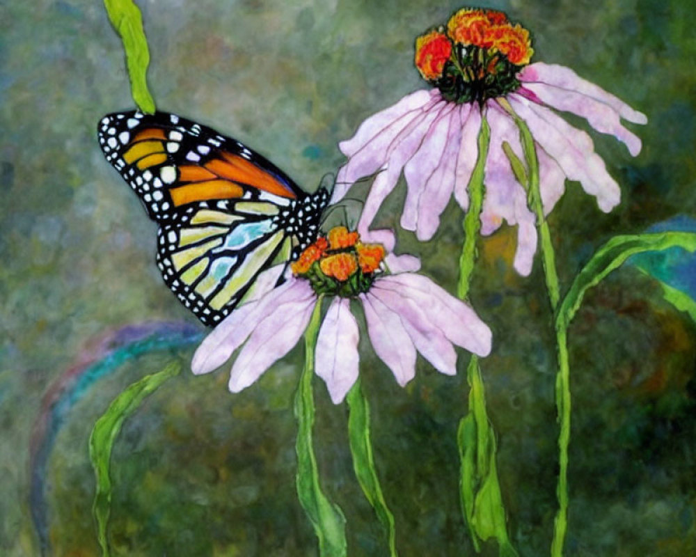 Colorful Monarch Butterfly on Pink Flower with Textured Blue-Green Background