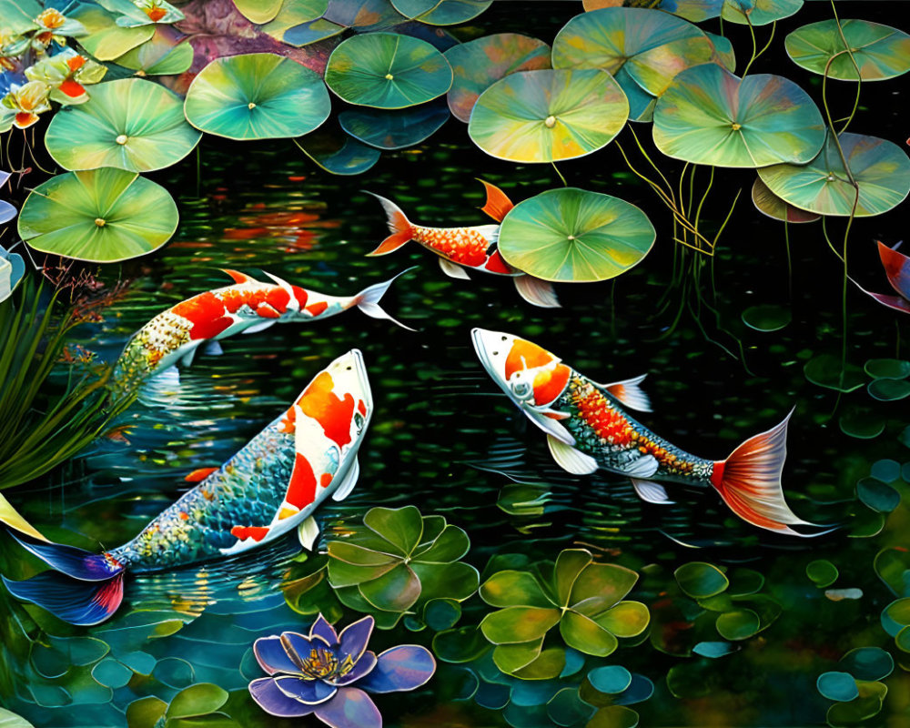 Colorful koi fish and lily pads in serene pond