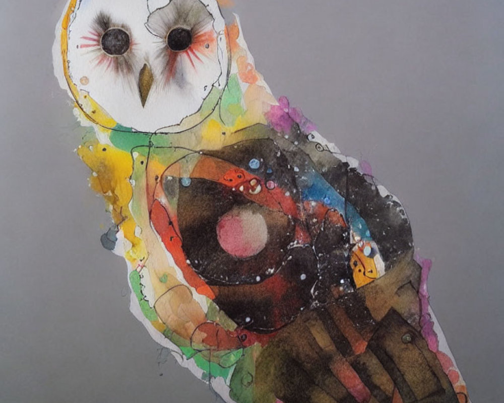 Vivid abstract watercolor owl painting with colorful ink detailing