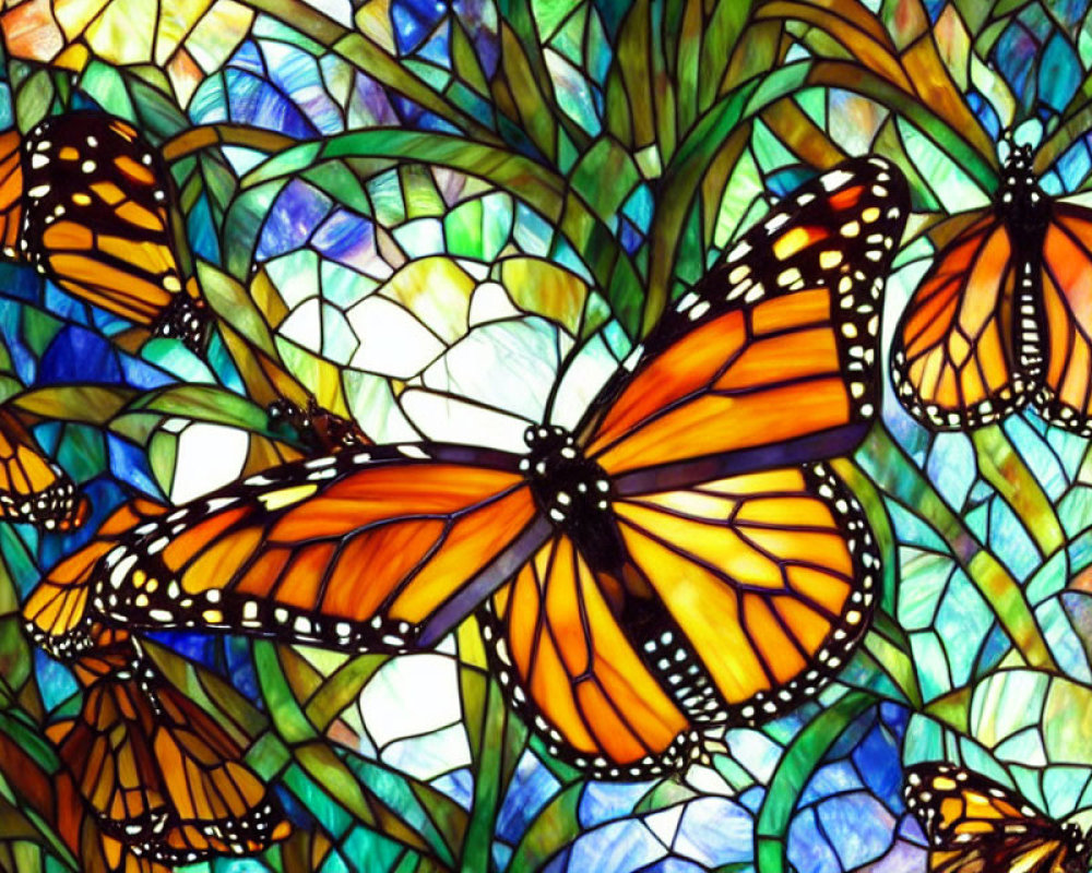 Colorful stained glass artwork: Orange monarch butterflies in green foliage