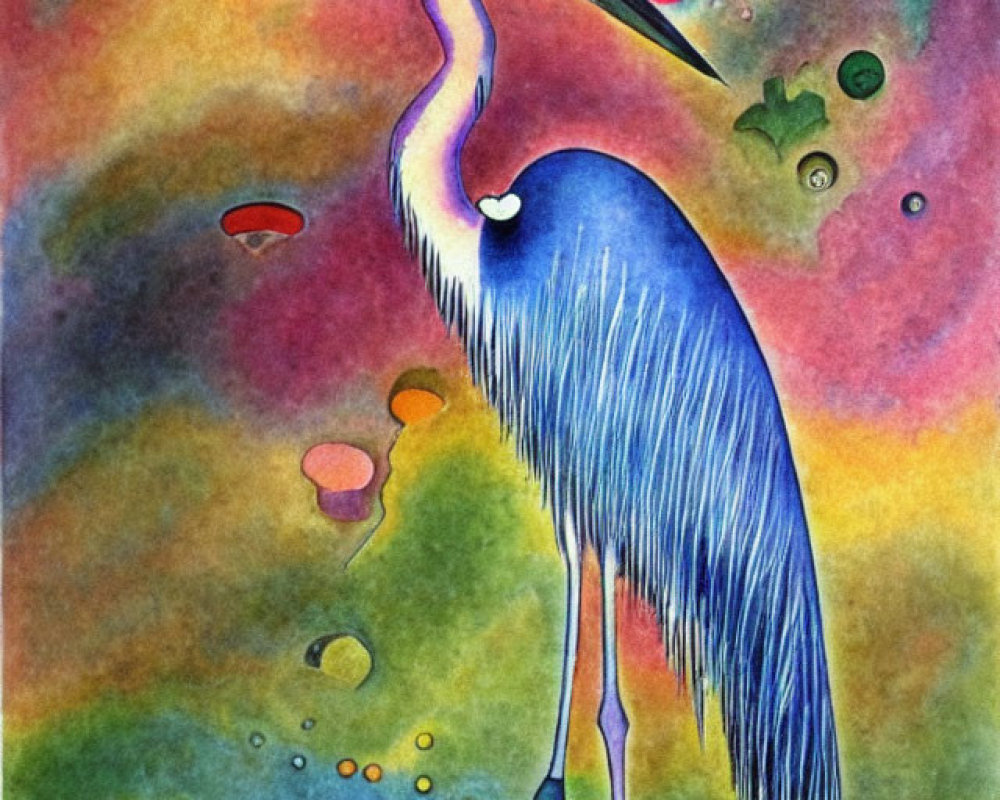 Colorful watercolor painting of stylized heron in abstract backdrop