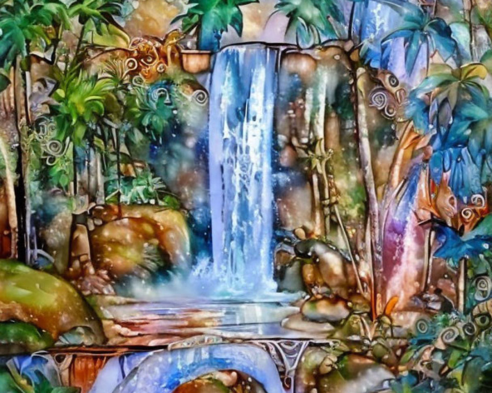 Colorful painting of waterfall in lush greenery with celestial bodies.