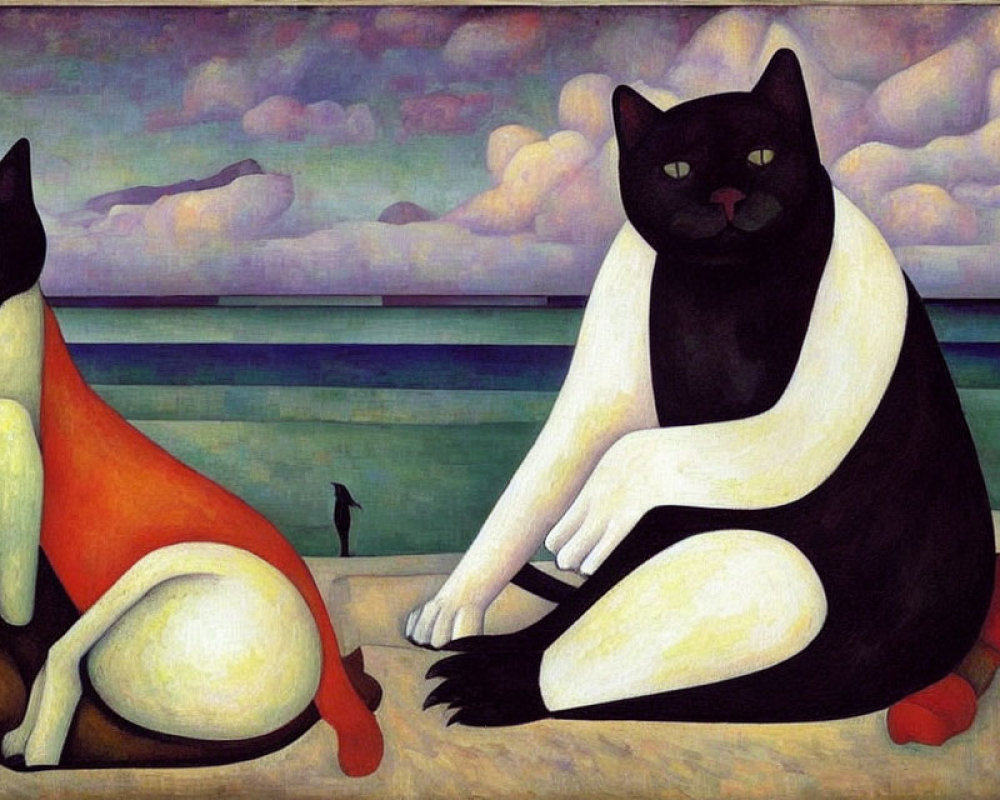 Stylized cats in human-like postures by the sea under a cloudy sky