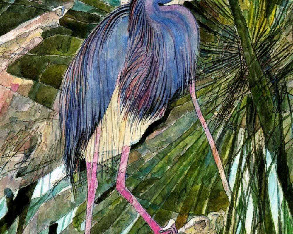 Colorful Heron Watercolor Painting on Branch with Green Foliage