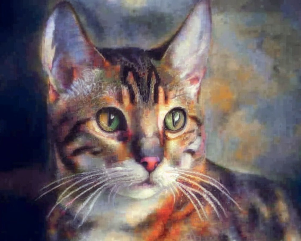 Digital painting of a cat with green eyes and multicolored fur.