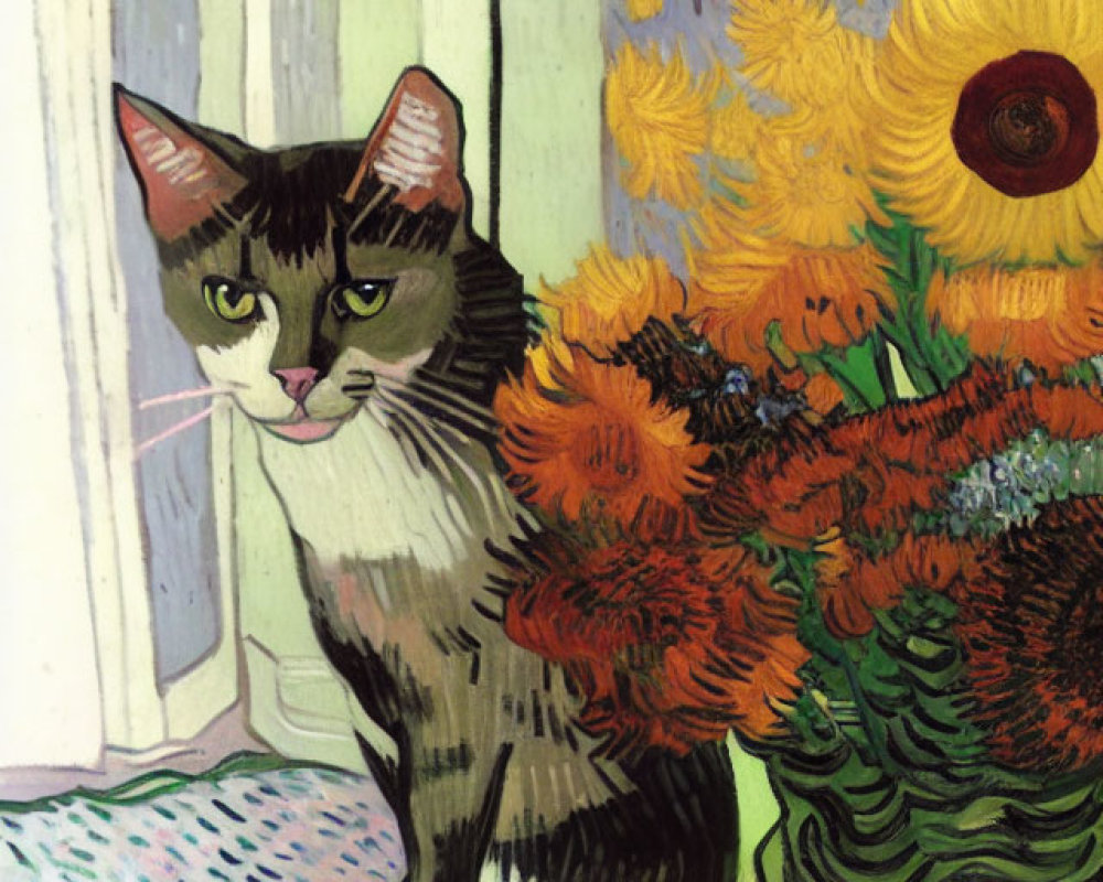 Grey and White Cat with Sunflowers in Van Gogh Style