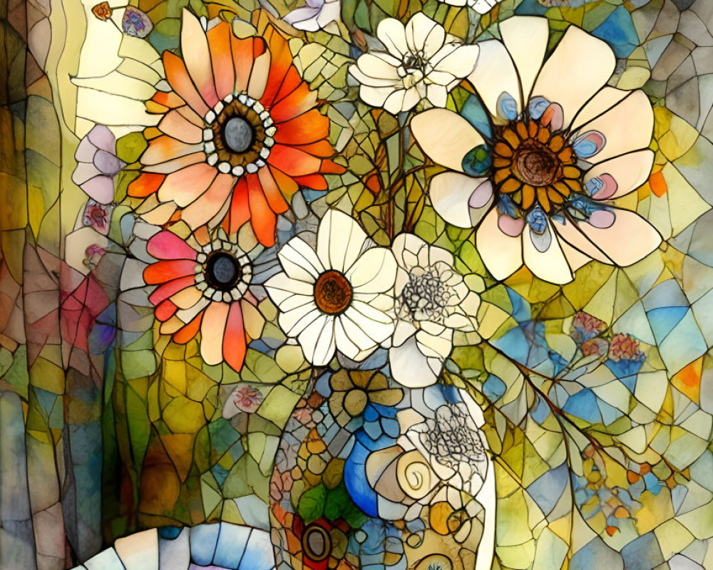 Colorful Stained Glass Flower Bouquet Illustration on Geometric Background