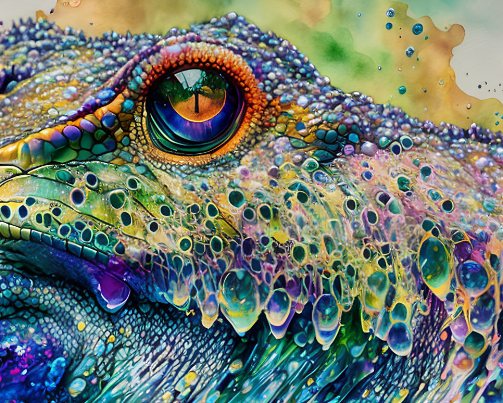 Colorful reptilian eye with iridescent scales and water droplets.