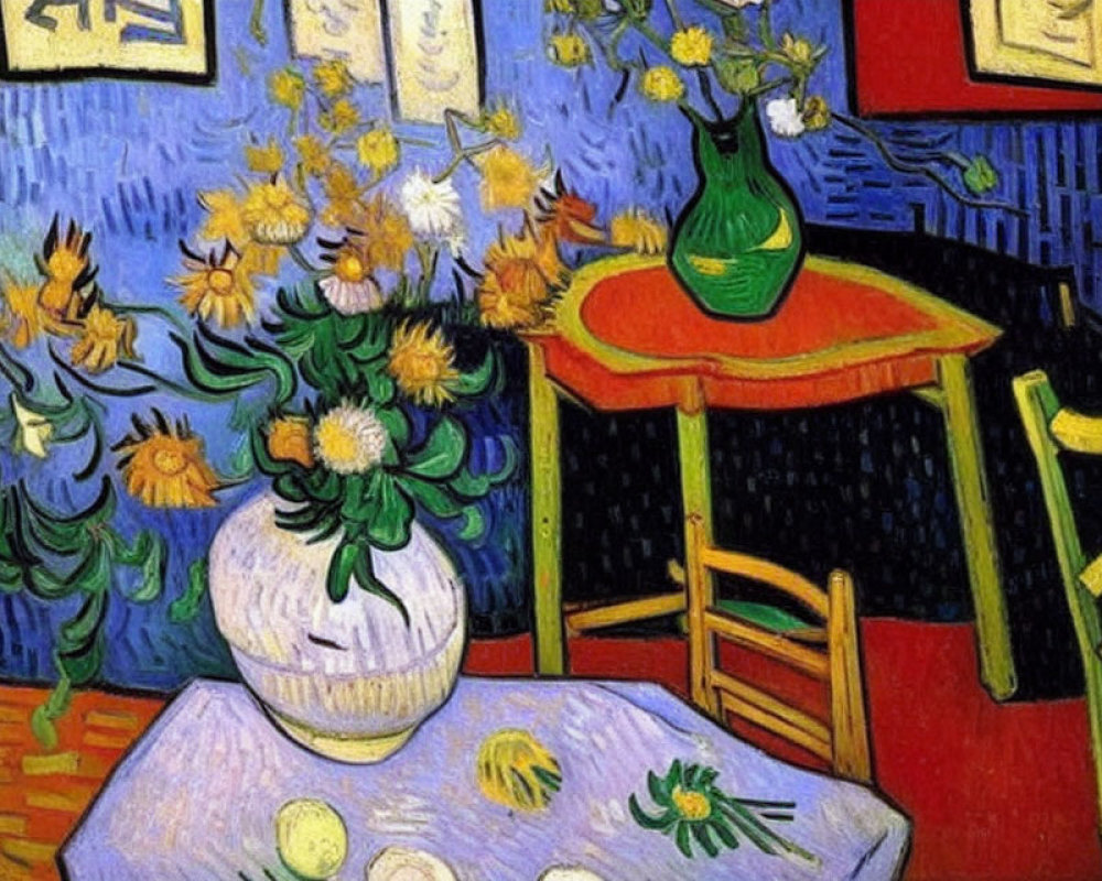 Vibrant room with sunflower vases, red table, yellow chair, and blue walls