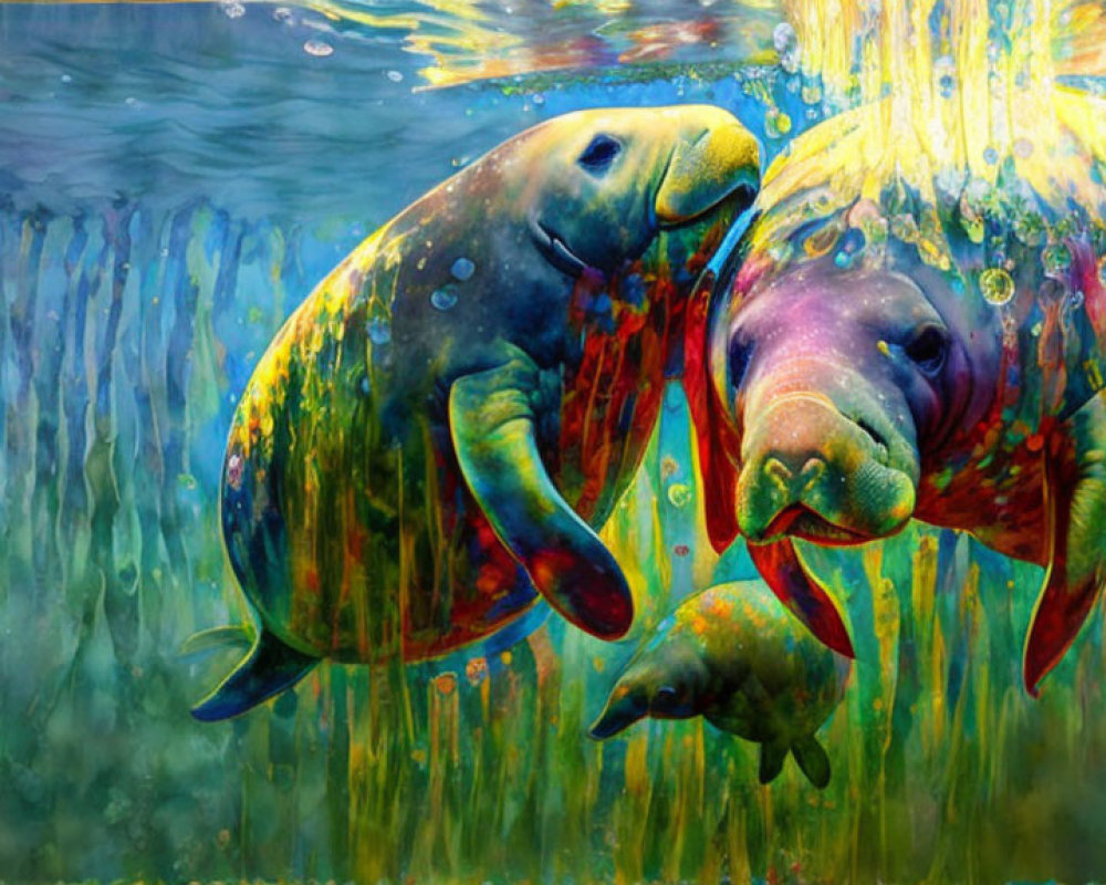 Colorful Underwater Painting of Three Manatees in Vibrant Setting